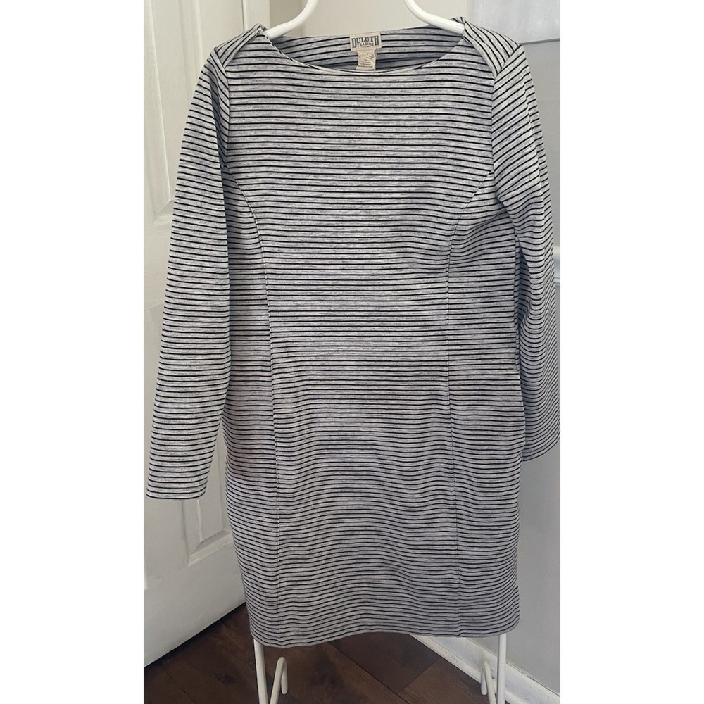 DULUTH TRADING Women's Ponte Pro Dress Gray Striped Boat Neck Pockets Size small
